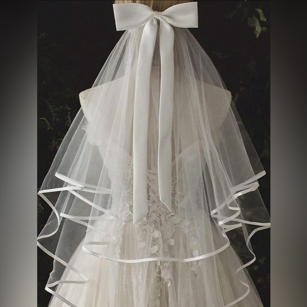 Stunning Sheer Bridal Veil With Satin Trim And Bow Nwt — image 2 of 4